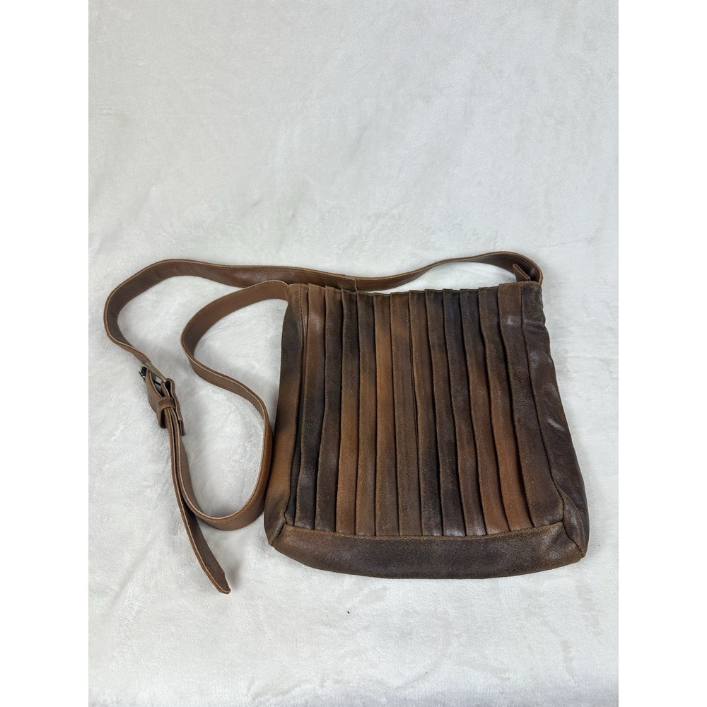 Vintage Brown Leather Accordion Crossbody Purse Satchel Bag Made In India